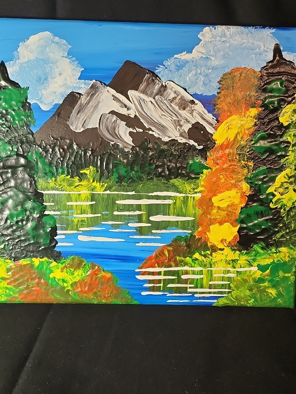 Hand-Painted Mountain Lake Landscape Canvas - Blue, Green & Orange